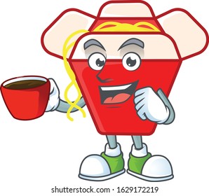 cartoon character of chinese box noodle with a cup of coffee