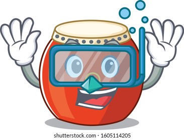 cartoon character of chinese drum wearing Diving glasses