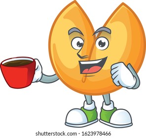 cartoon character of chinese fortune cookie with a cup of coffee