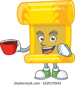 cartoon character of chinese gold scroll with a cup of coffee