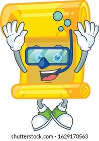 cartoon character of chinese gold scroll wearing Diving glasses