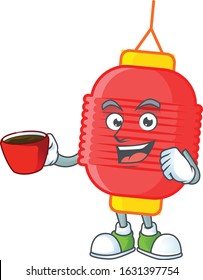 cartoon character of chinese lantern with a cup of coffee