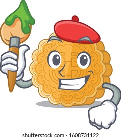 Cartoon character of chinese mooncake Artist with a brush