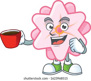 cartoon character of chinese pink flower with a cup of coffee