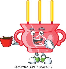 cartoon character of chinese red incense with a cup of coffee