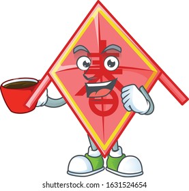 cartoon character of chinese red kite with a cup of coffee
