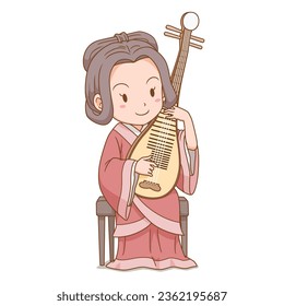 Caricatura de una mujer china tocando el instrumento musical tradicional chino.