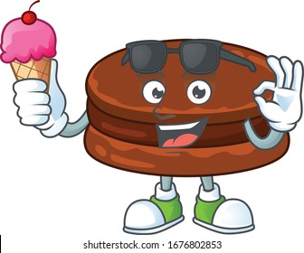 cartoon character of chocolate alfajor enjoying an ice cream