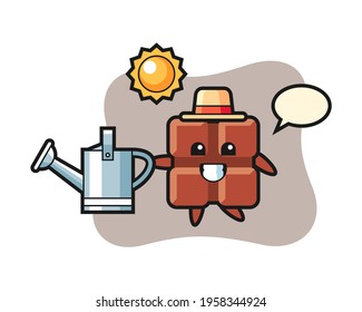 Cartoon character of chocolate bar holding watering can, cute style design for t shirt, sticker, logo element