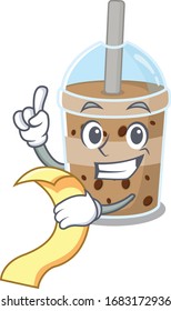 cartoon character of chocolate bubble tea holding menu ready to serve