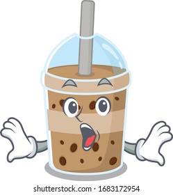 A cartoon character of chocolate bubble teamaking a surprised gesture