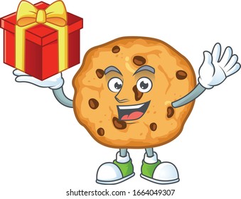 cartoon character of chocolate chips cookies with a box of gift