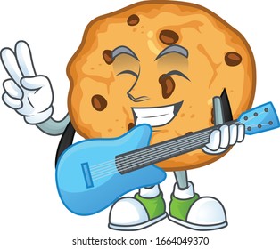 A cartoon character of chocolate chips cookies playing a guitar