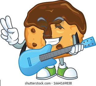 A cartoon character of chocolate chips with cream playing a guitar