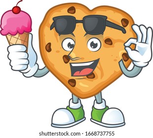 cartoon character of chocolate chips love enjoying an ice cream