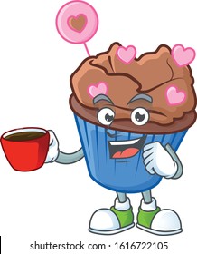 cartoon character of chocolate love cupcake with a cup of coffee