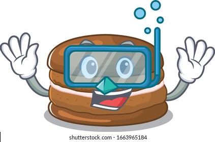 cartoon character of chocolate macaron wearing Diving glasses