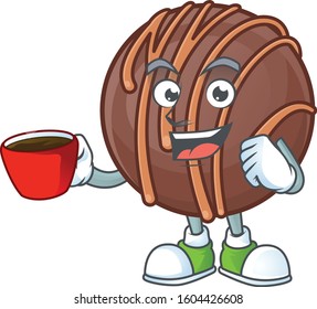 cartoon character of chocolate praline ball with a cup of coffee