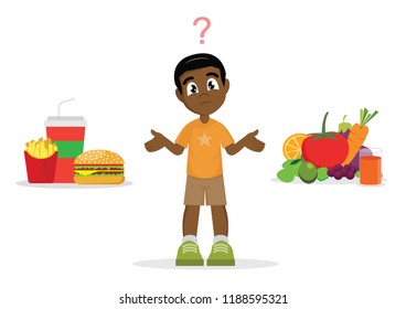 Cartoon character, The choice of 
African Boy. junk food or healthy food., vector eps10