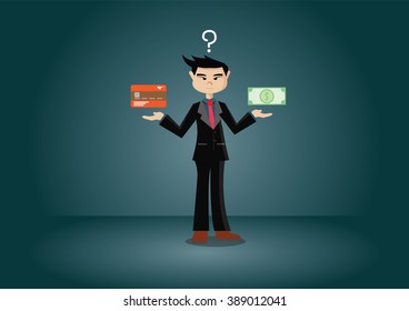 Cartoon character, The choice of business between credit cards and cash., vector eps10