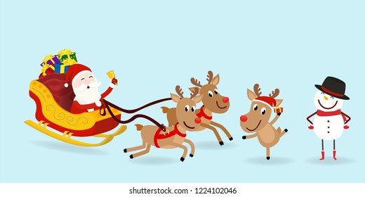 Cartoon character for Christmas element. Design of Santa Claus sit on sleigh with gift sack, reindeer hold gift box and snowman with happy face in vector illustration