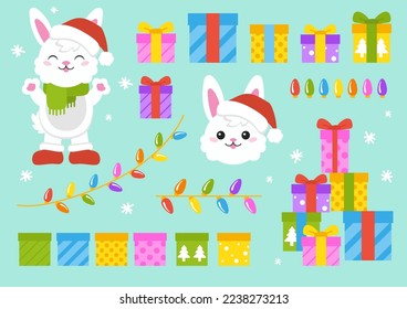 Cartoon character christmas rabbit. Colorful vector illustration. Isolated on color background. Design element. Template for your design, books, stickers, cards.