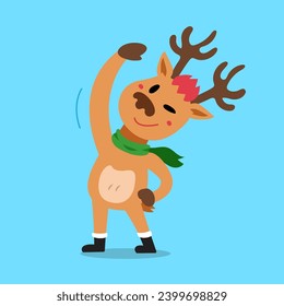 Cartoon character christmas reindeer doing side bend stretch exercise for design.