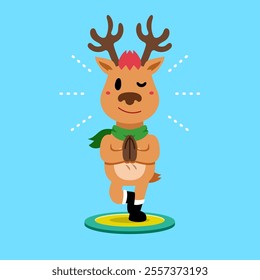 Cartoon character christmas reindeer doing yoga on exercise mat for design.