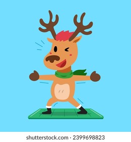 Cartoon character christmas reindeer exercising on yoga mat for design.