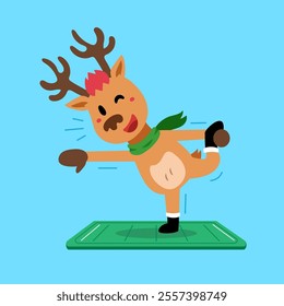 Cartoon character christmas reindeer exercising on yoga mat for design.