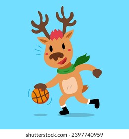 Cartoon character christmas reindeer playing basketball for design.