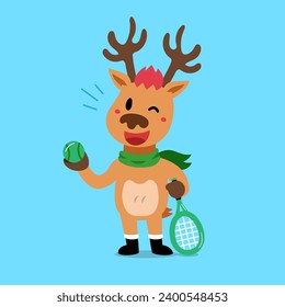 Cartoon character christmas reindeer playing tennis for design.