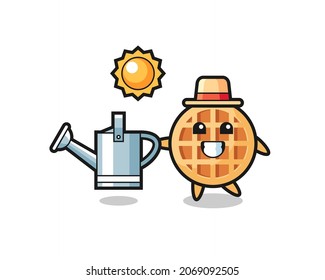 Cartoon character of circle waffle holding watering can , cute design