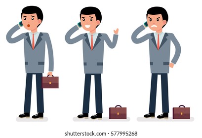 Cartoon character. The clerk. Talking on the phone in different emotions. Surprise, joy, anger. Flat vector illustration
