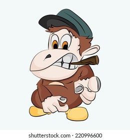 Cartoon character of a clever monkey wearing blue cap and holding cigar in his mouth.