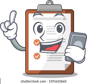 cartoon character of clipboard Scroll speaking with phone