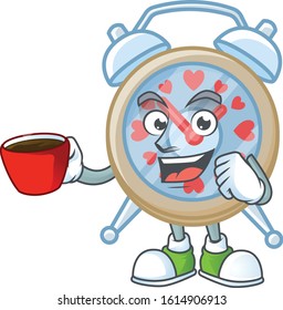 cartoon character of clock love with a cup of coffee