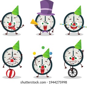 Cartoon character of clock with various circus shows