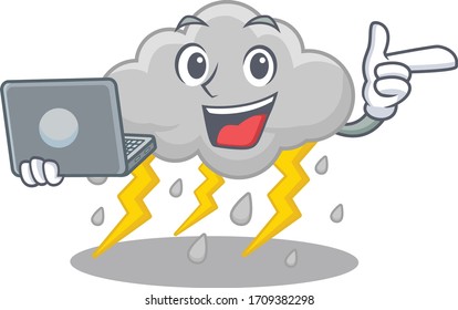 Caricatura de un estudiante ingenioso de nube que estudia con una laptop