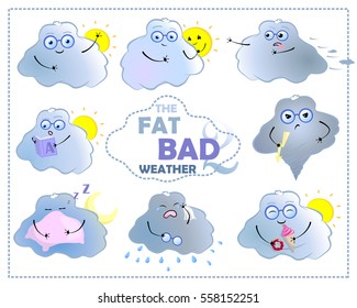 Cartoon character cloud with sun. Fat bad weather character. Isolated cloud vector illustrations. Cloud with funny face and blue glasses. Nerd or geek character emotion stickers. Lovely emoticons