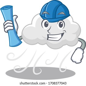 Caricatura de un valiente arquitecto de viento nublado con huellas azules y casco azul