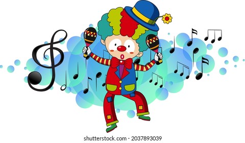 Cartoon character of a clown dances with musical melody symbols illustration