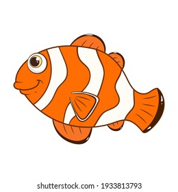 Cartoon character Clown fish isolated on white background. Tropical underwater aquatic creature. Template of cute ocean fish. Education card for kids learning animals. Vector design in cartoon style