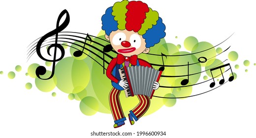 Cartoon character of a clown plays accordion with musical melody symbols illustration