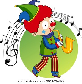 Cartoon character of a clown plays saxophone with musical melody symbols illustration