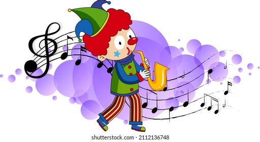 Cartoon character of a clown plays saxophone with musical melody symbols illustration