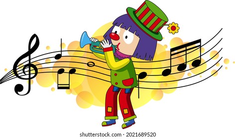 Cartoon character of a clown plays trumpet with musical melody symbols illustration