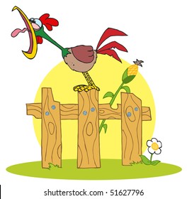 Cartoon Character A Cock Crowing Stepped On The Fence