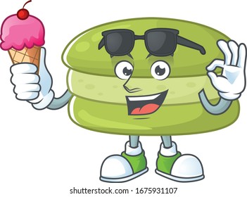 cartoon character of coconut macarons enjoying an ice cream