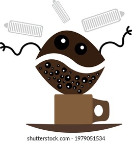 cartoon character of a coffee bean with many eyes makes wavy movements with his hands over a modern design cup standing on a saucer next to a charged battery indicator an invigorating drink concept
